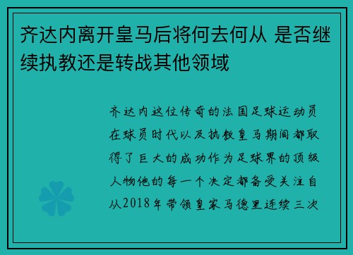 齐达内离开皇马后将何去何从 是否继续执教还是转战其他领域