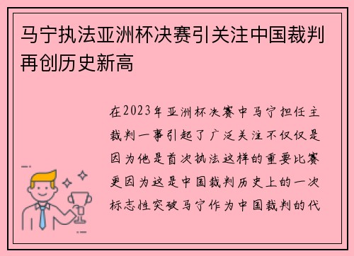 马宁执法亚洲杯决赛引关注中国裁判再创历史新高