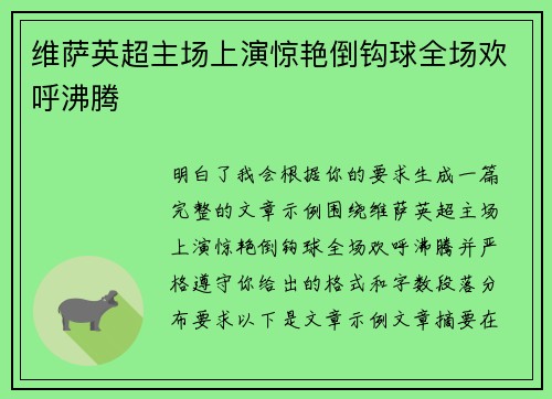 维萨英超主场上演惊艳倒钩球全场欢呼沸腾